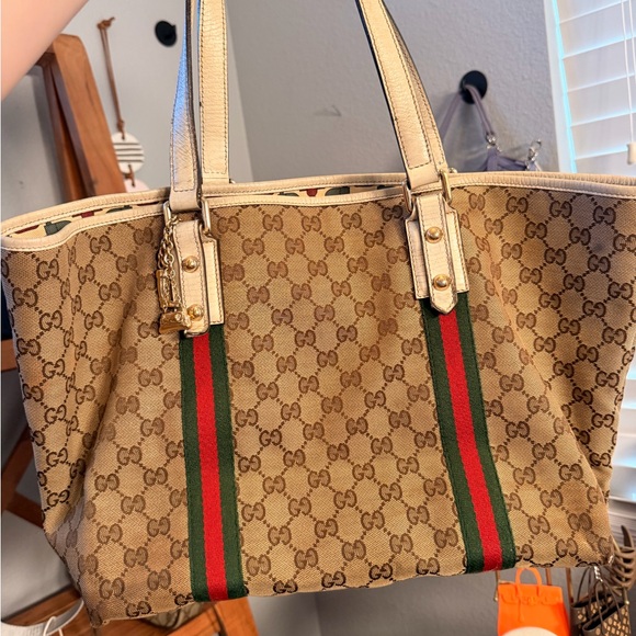 Gucci Handbags - Gucci Beige Tote with Green and Red Stripes